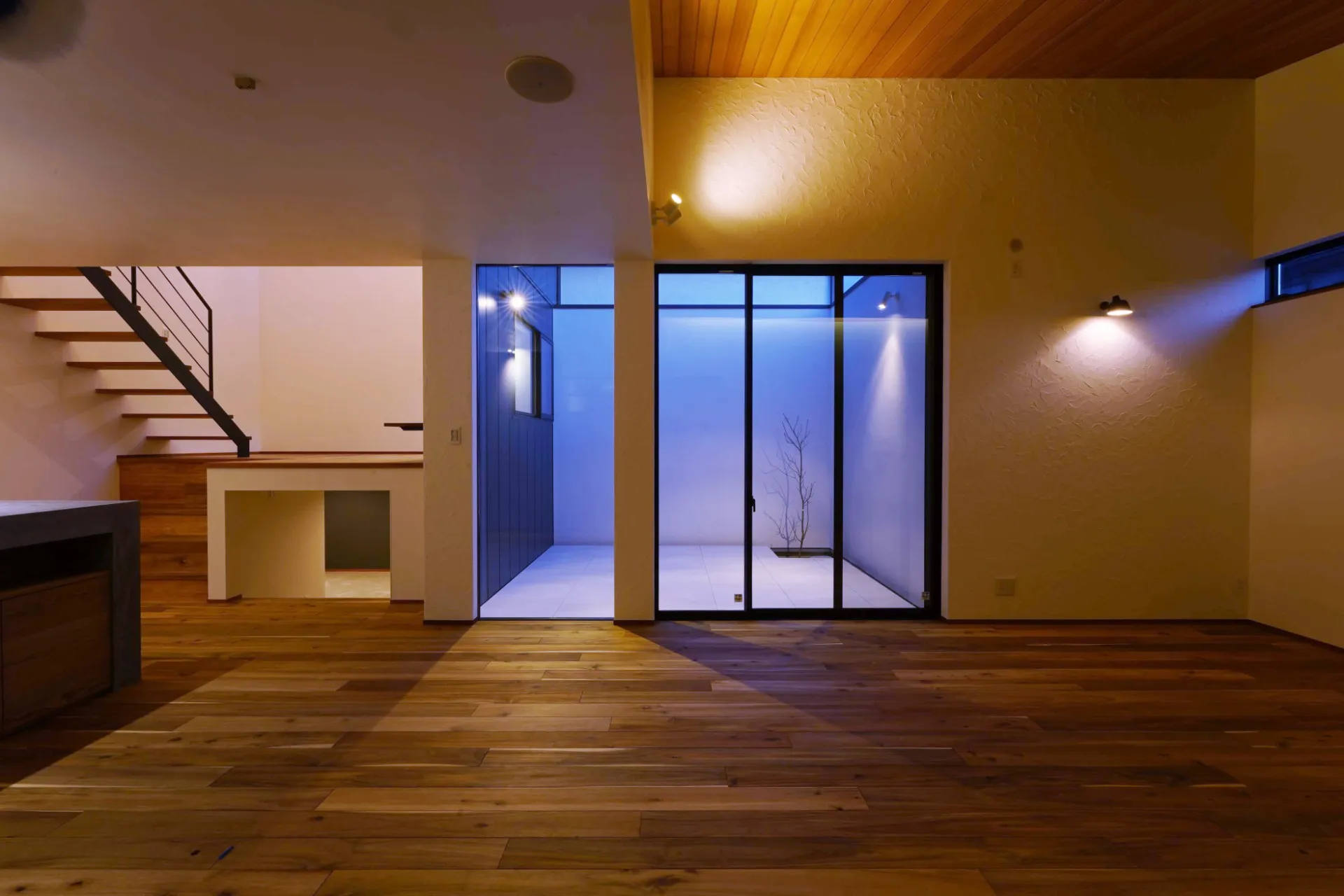 玄関ホールから見た様子。中庭とスキップフロアが目に留まります。